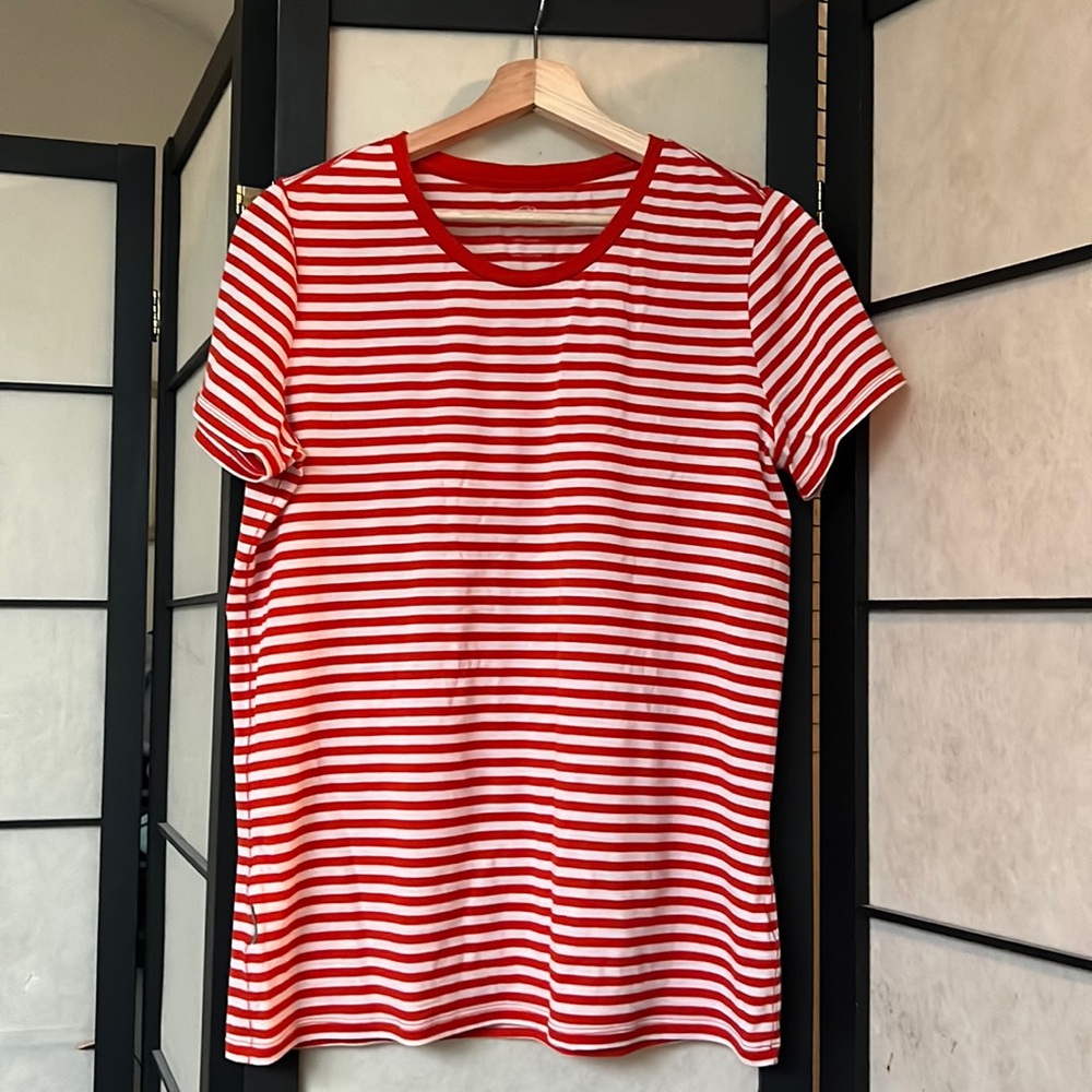 Icebreaker red and white striped shirt
